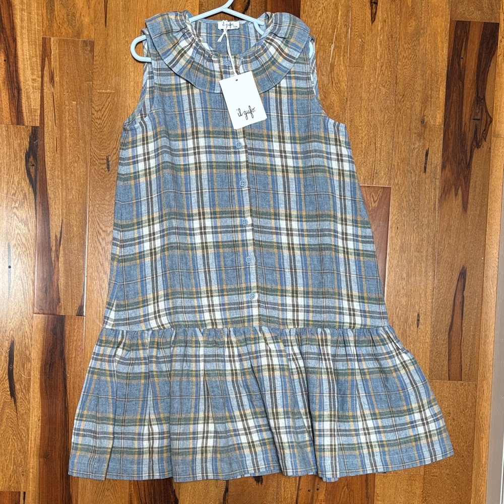 NWT Il Gufo Blue and Cream Plaid Ruffle Collar Dress